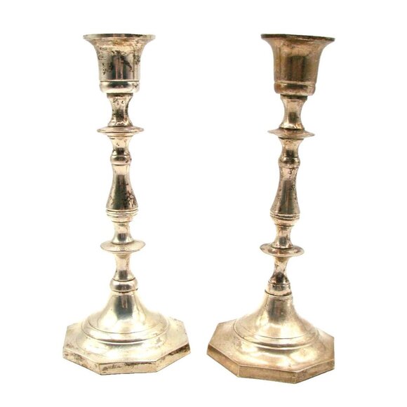 Lot of 2 Octagonal Candle Stick Holders Made in India Stamped 7"H Silver Plated